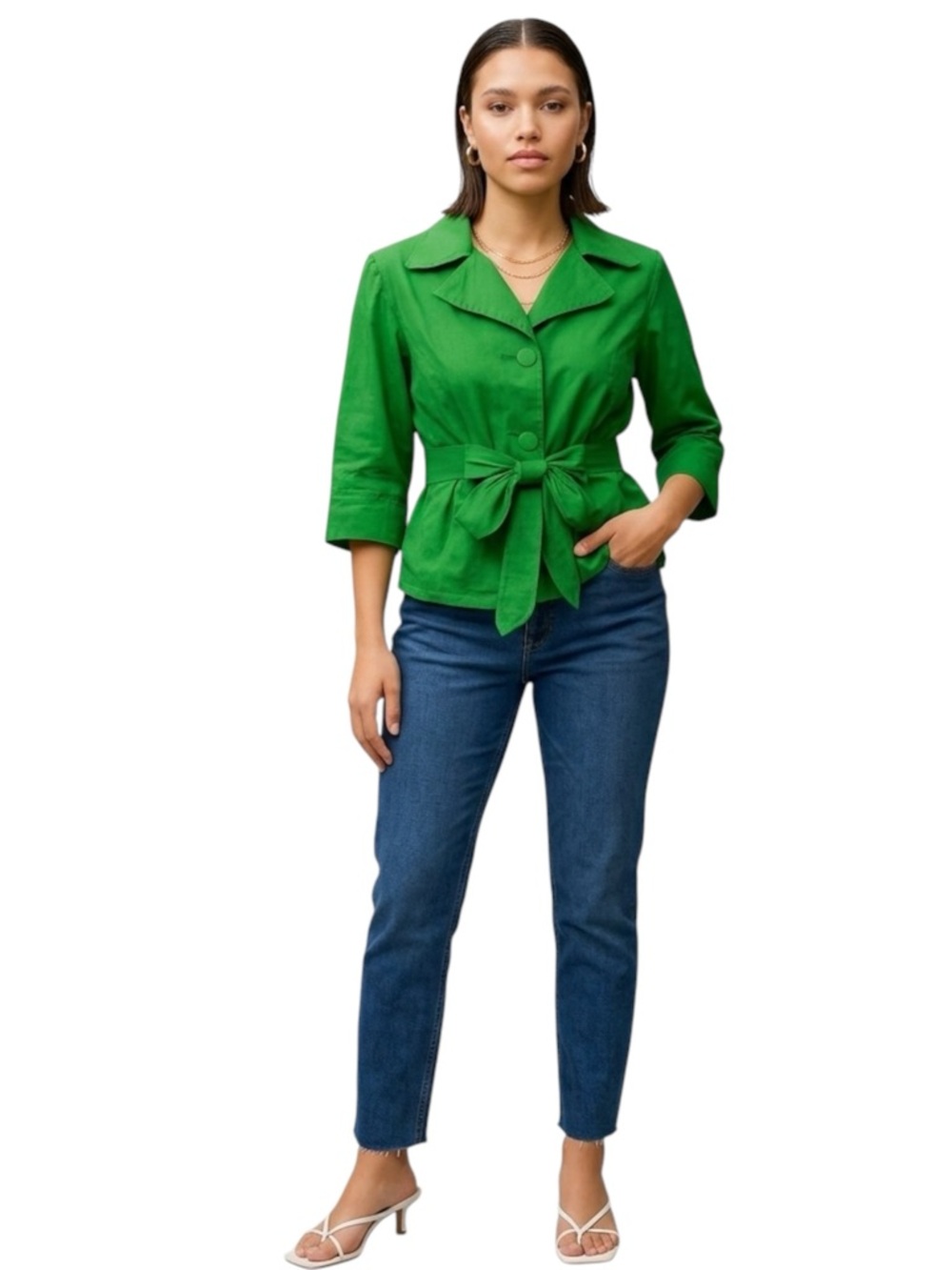 Kelly Green Peplum Utility Jacket Tie Waist Roll Tab Sleeves Y2K Trench Talie PL